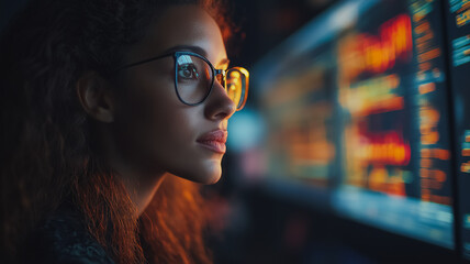 Poster - A woman wearing glasses is looking at a computer screen with a lot of numbers