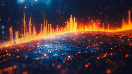 Fototapete - A computer generated image of a city with orange and blue lights. The city is filled with buildings and the lights are scattered throughout the scene. Scene is futuristic and vibrant