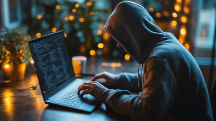 Poster - A man in a hoodie is typing on a laptop computer. Concept of privacy and secrecy, as the man is wearing a hoodie and he is working on something important or confidential. The dimly lit room