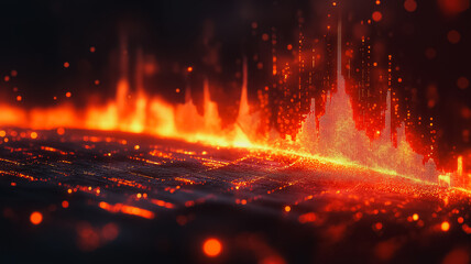 Poster - A fiery landscape with a bright orange sun in the background