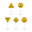 © Md - Yellow color danger and caution road signs are isolated on a white background. Multiple shaped billboard signs design. exclamatory icon collection. Five different shapes of danger icons.