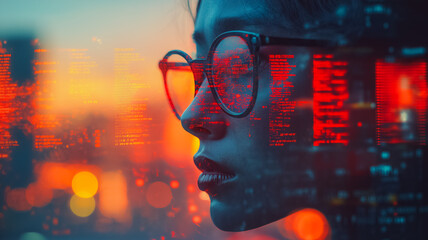 Poster - A woman wearing glasses is looking at a cityscape with a lot of red