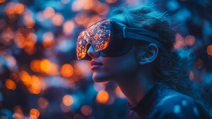 Poster - A woman wearing a pair of virtual reality goggles. The goggles are black and have a reflective surface. The woman is looking at something in the distance. The scene gives off a futuristic