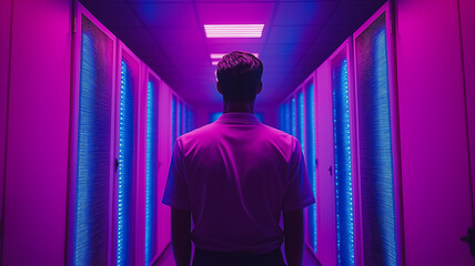 Poster - A man stands in a hallway with neon lights. The lights are blue and purple, creating a futuristic and industrial atmosphere. The man is looking up at the lights