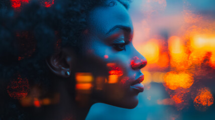Poster - A woman's face is blurred in a window, with the background showing a cityscape. The image has a dreamy, ethereal quality to it, as if the woman is looking out into a world beyond the window