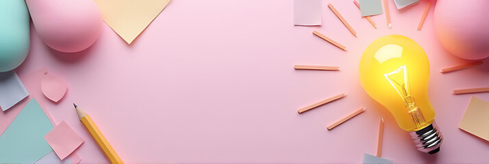 Poster - A creative workspace features a lightbulb and pencil amidst soft pastel hues on a flat lay design for brainstorming ideas._00002_