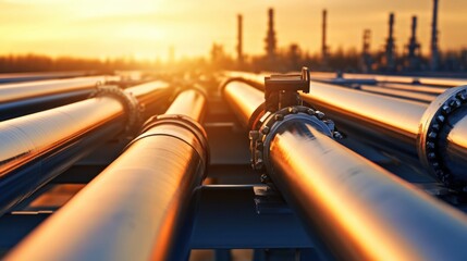 Poster - Industrial Pipeline Infrastructure with Sunset Background, Highlighting Metal Pipes and Valves in Silhouetted Factory Landscape During Golden Hour