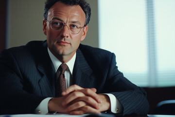 Poster - confident man in business suit sits at desk with hands clasped, exuding professionalism and focus in corporate office setting