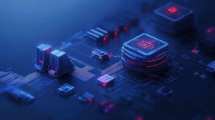 Poster - Futuristic Close-Up View of Computer Chips and Circuit Board in High-Tech Style with Glowing Red and Blue Elements in a Dark Digital Environment