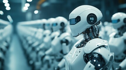 Poster - Futuristic Robots in a High-Tech Factory Environment with Rows of Advanced Machinery and Soft Blue Lighting for Robotics and Technology Themes