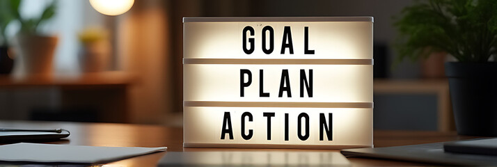 Poster - A goal, plan, and action text are placed on a light box on a desk table in a home office for business motivation and inspiration._00001_