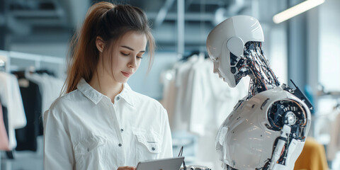 Poster - young woman collaborates with humanoid robot in modern workspace, showcasing innovation and technology in design and development
