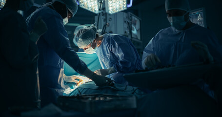 Poster - Dark Operating Room with a Diverse Team, Including a Black Male Assistant and a White Female Surgeon, Perform a Precise Surgical Procedure as Teamwork and Under Surgical Light