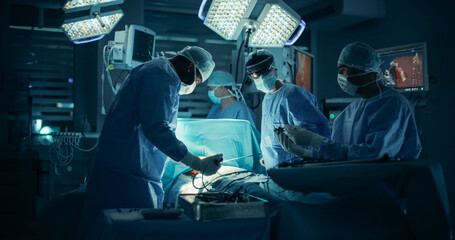 Poster - Caucasian Female Surgeon Uses Modern Extended Reality Glasses to Access Key Patient Data Mid-Surgery, Collaborating with Assistants and Nurses During a Precise Medical Operation