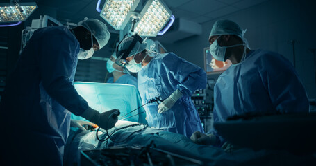 Poster - Portrait of a Female Surgeon Using an AR Headset, Analyzing Vital Patient Data Only Visible in Extended Reality Glasses, as Her Team Helps with the Medical Operation in a Hospital