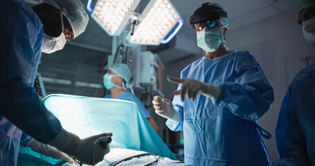 Poster - Female Surgeon is Equipped with an Augmented Reality Headset, Relies on Virtual Overlays to Make Quick, Informed Decisions as Nurses and Assistants Offer Steady Support During the Surgical Procedure