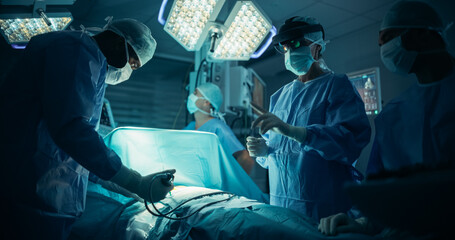 Poster - Lead Surgeon Navigating Complex Steps in Real-Time with the Help of an Augmented Reality Glasses. Female Medical Professional is Aided by Nurses and Surgical Assistants in a Coordinated Teamwork