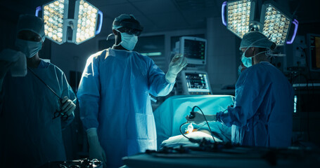 Poster - Portrait of a Black Male Surgeon Using an AR Headset, Analyzing Vital Patient Data Only Visible in Extended Reality Glasses, His Team Helps with the Medical Operation in a Hospital