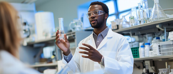 Poster - scientist in lab coat explains research findings while holding beaker in modern laboratory, surrounded by scientific equipment and glassware