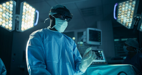 Poster - Lead Surgeon Navigating Complex Steps in Real-Time with the Help of an Augmented Reality Glasses. Black Male Medical Professional is Aided by Nurses and Surgical Assistants in a Coordinated Teamwork