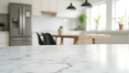 Poster - A marble tabletop is in sharp focus against a blurred white kitchen room background, capturing selective attention._00001_