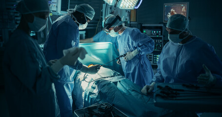 Poster - Surgeons and Nurses Work Together in a Modern Clinic. Lead Surgeon Using Augmented Reality Glasses, Accessing Advanced Medical Imaging that Aids Her Every Move in the Operating Room