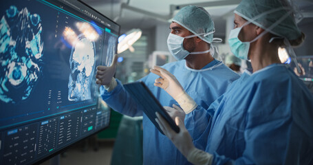 Aufkleber - Portrait of a Young Female and Male Surgeons Reviewing Patient's Brain Scans on a Large Screen in a Dimly Lit Operating Room. Their Team of Assistants and Nurses Preparing for a Life-Saving Procedure