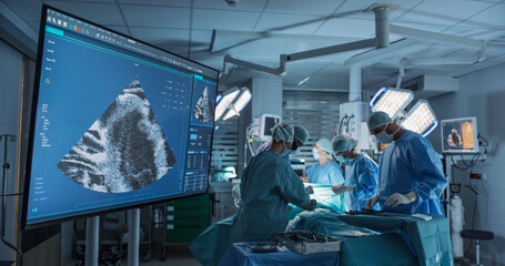 Aufkleber - Deep in the Process of an Emergency Surgery, Diverse Team of Healthcare Professionals Navigating Each Stage of the Operation with Extreme Concentration. TV Screen Showing Ultrasound Image on Display