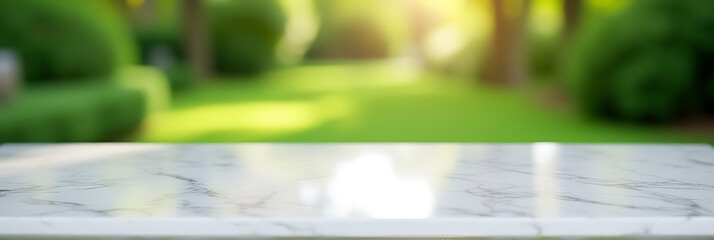 Poster - A marble tabletop with a blurred green garden in the background creates a selective focus effect through its design._00002_