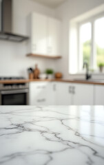 Poster - A marble tabletop with blurred white kitchen surroundings creates a visually appealing selective focus effect in photography._00001_