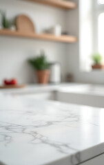 Poster - A marble tabletop with blurred white kitchen surroundings creates a visually appealing selective focus effect in photography._00002_