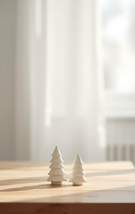 Aufkleber - A minimalist Christmas decoration idea features an empty wooden table with a simple yet elegant white bokeh background._00002_