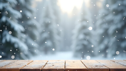 Poster - A minimalist winter wonderland scene features an empty wooden table surrounded by soft snowflakes on a festive holiday background._00001_