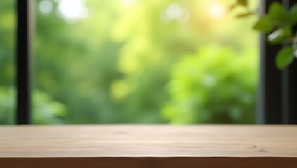 Poster - A minimalist wooden table sits atop a blurred image of an abstract green garden scene in a distant window view._00001_