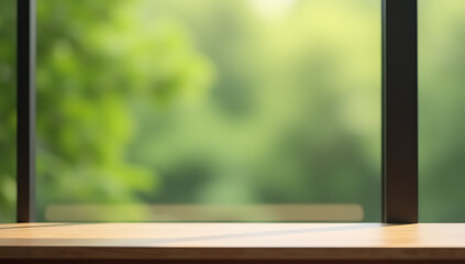 Poster - A minimalist wooden table sits atop a blurred image of an abstract green garden scene in a distant window view._00002_