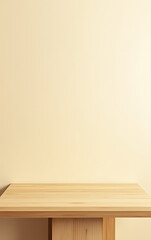 Poster - A minimalist wooden table top sits on a light gold abstract background, perfect for a product display or key visual layout._00002_