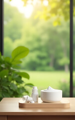 Poster - A minimalist wooden tabletop features a blurred garden background for a clean and visually appealing product display._00001_