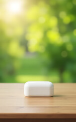 Poster - A minimalist wooden tabletop features a blurred garden background for a clean and visually appealing product display._00002_