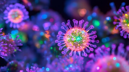virus cells twist into glowing orbs, their surfaces illuminated with radiant colors, constantly chan