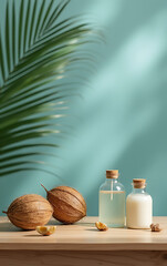 Poster - A natural summer display is set up on a wooden table against a blurred coconut leaf background in soothing blue hues._00002_