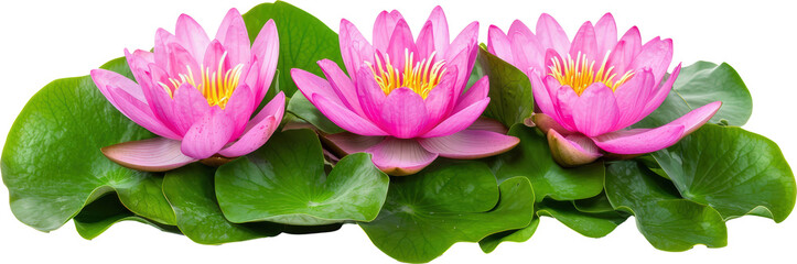 Wall Mural - Three vibrant pink water lilies on green leaves