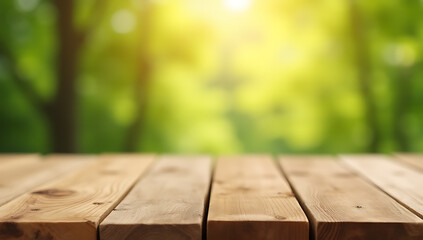 Poster - A real wood tabletop with a blurred leaf tree background can be used for creating product displays and key visuals._00001_