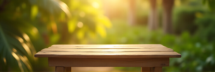 Poster - A simple wooden table sits atop a blurred coconut tree in a serene garden setting under warm sunlight._00002_