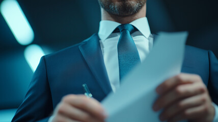 Poster - close up of man in business suit holding documents, symbolizing professionalism and focus in corporate environment. low angle view emphasizes authority and confidence