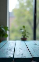 Poster - A weathered blue wooden tabletop stands out against a blurred glass window and neutral wall in soft focus._00002_