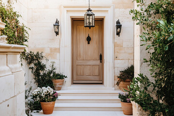  Front door of a modern Mediterranean-style home, with entrance stairs featuring potted plants and flowers. The wooden front door is illuminated by a lantern light on the wall.