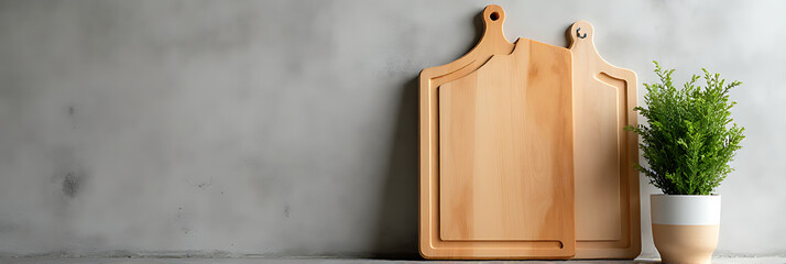 Aufkleber - A wood cutting board is placed atop a cement wall with an empty space beside it in a product display montage._00001_