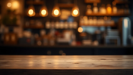 Aufkleber - A wood table top is placed against a dark night background with blurred cafe and a golden bokeh effect for key visual product display._00002_