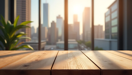 Aufkleber - A wood table top with a blurred city view is ideal for showcasing products in a visually appealing layout._00001_