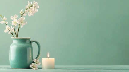 Canvas Print - Teal pitcher with white blossoms and candle.